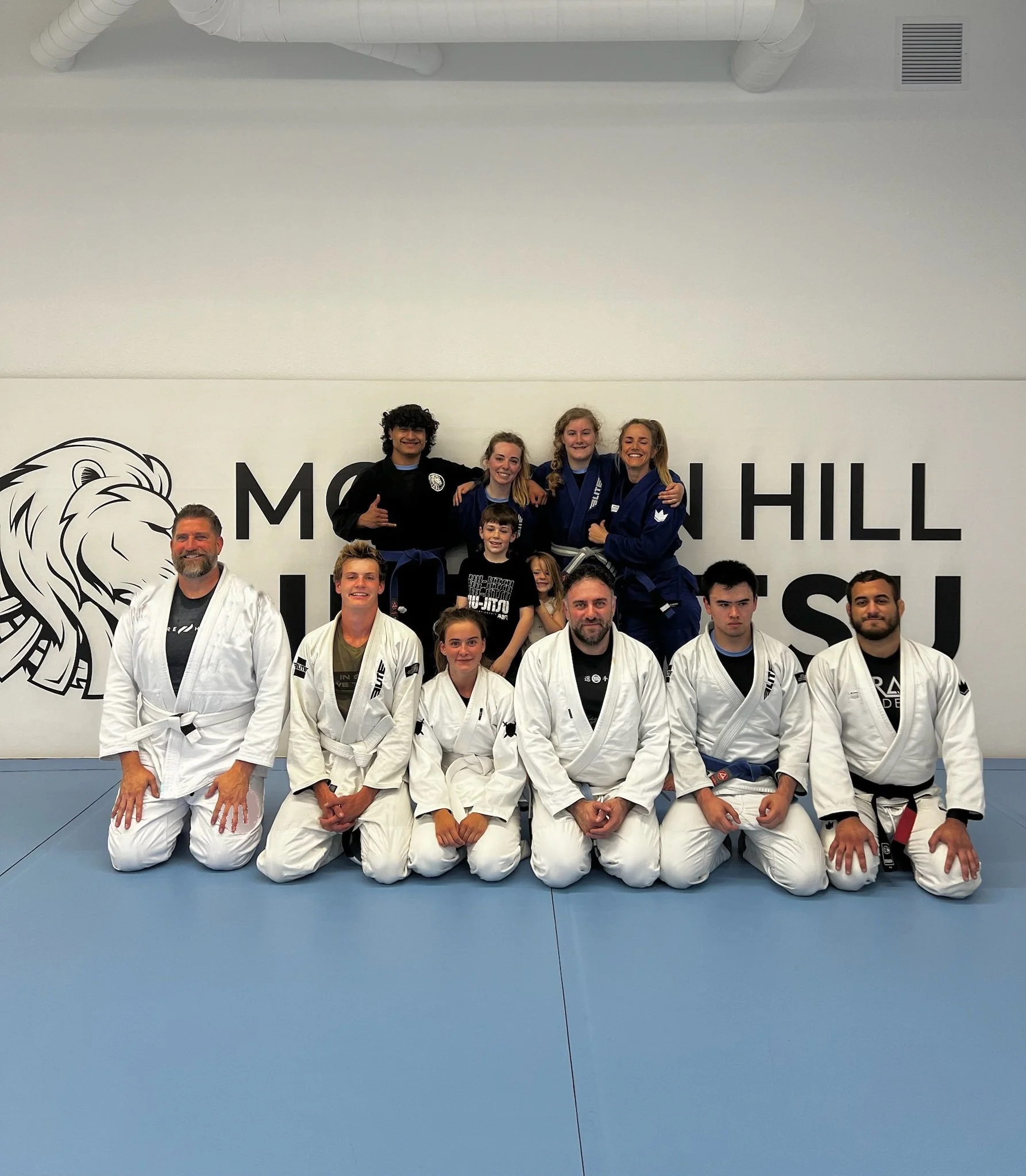 Adult students training Brazilian Jiu-Jitsu on the mats at Morgan Hill Jiu Jitsu