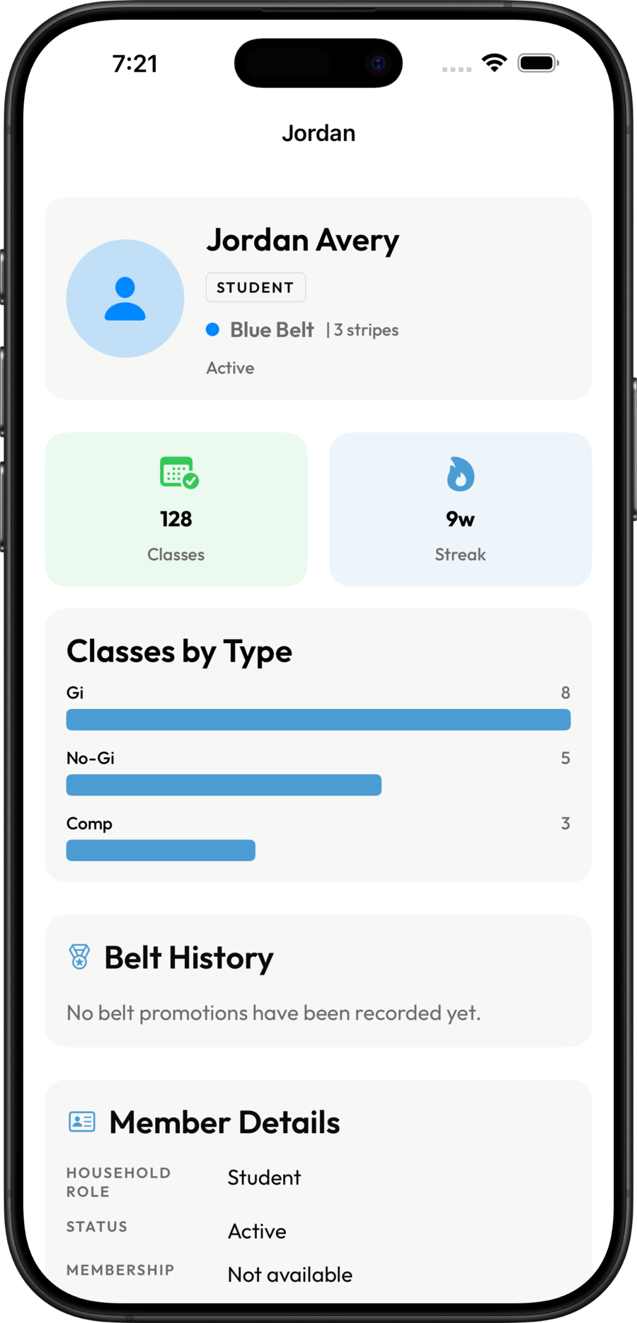 The app's member profile screen