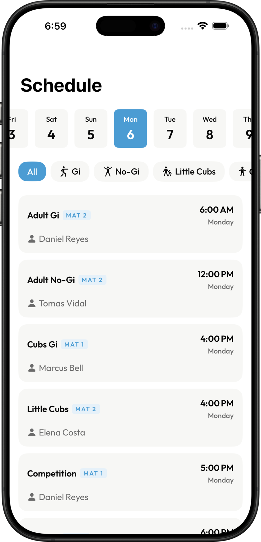 The app's class schedule screen